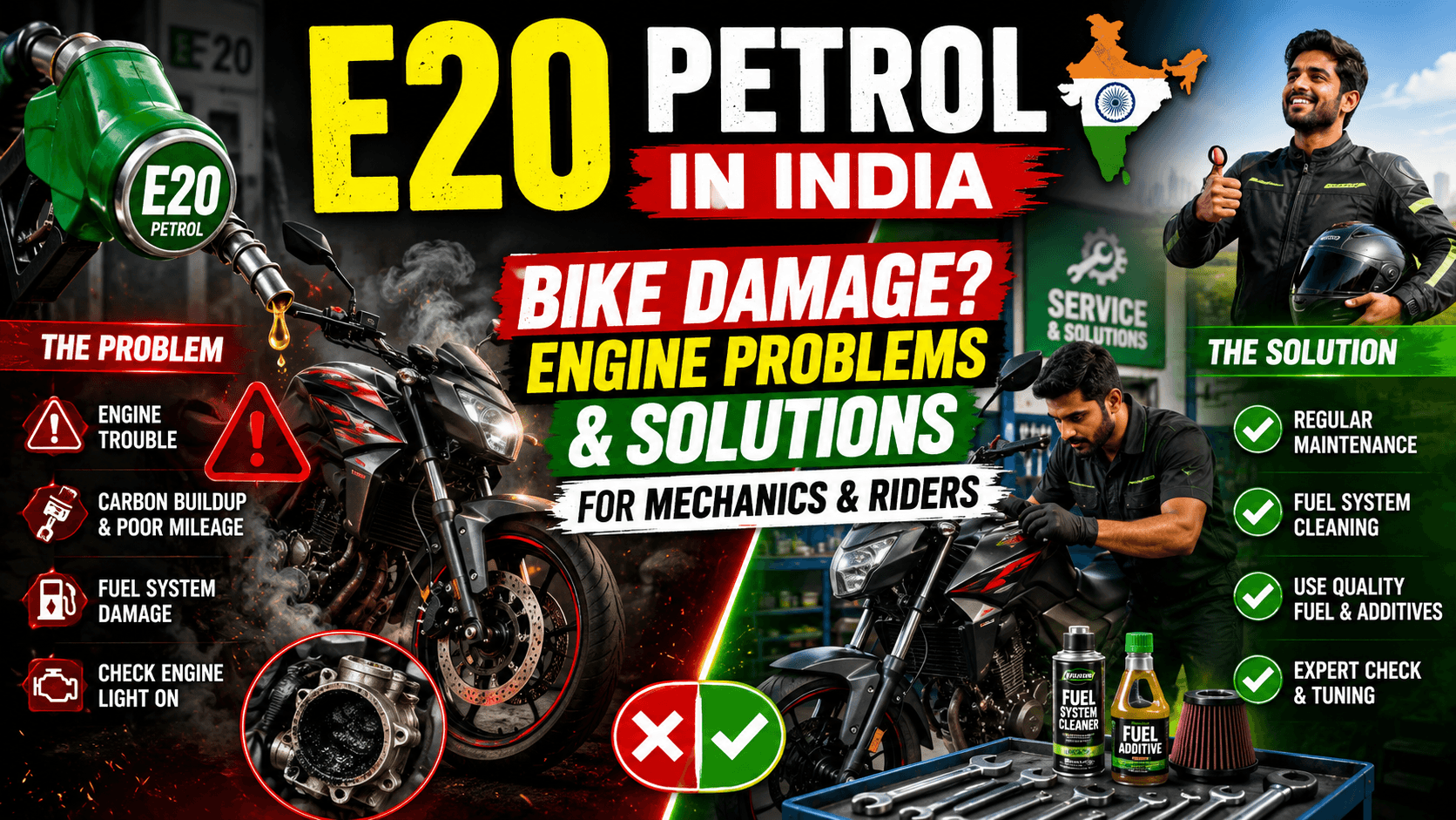 E20 Petrol in India: Bike Damage, Engine Problems & Solutions for Mechanics and Riders