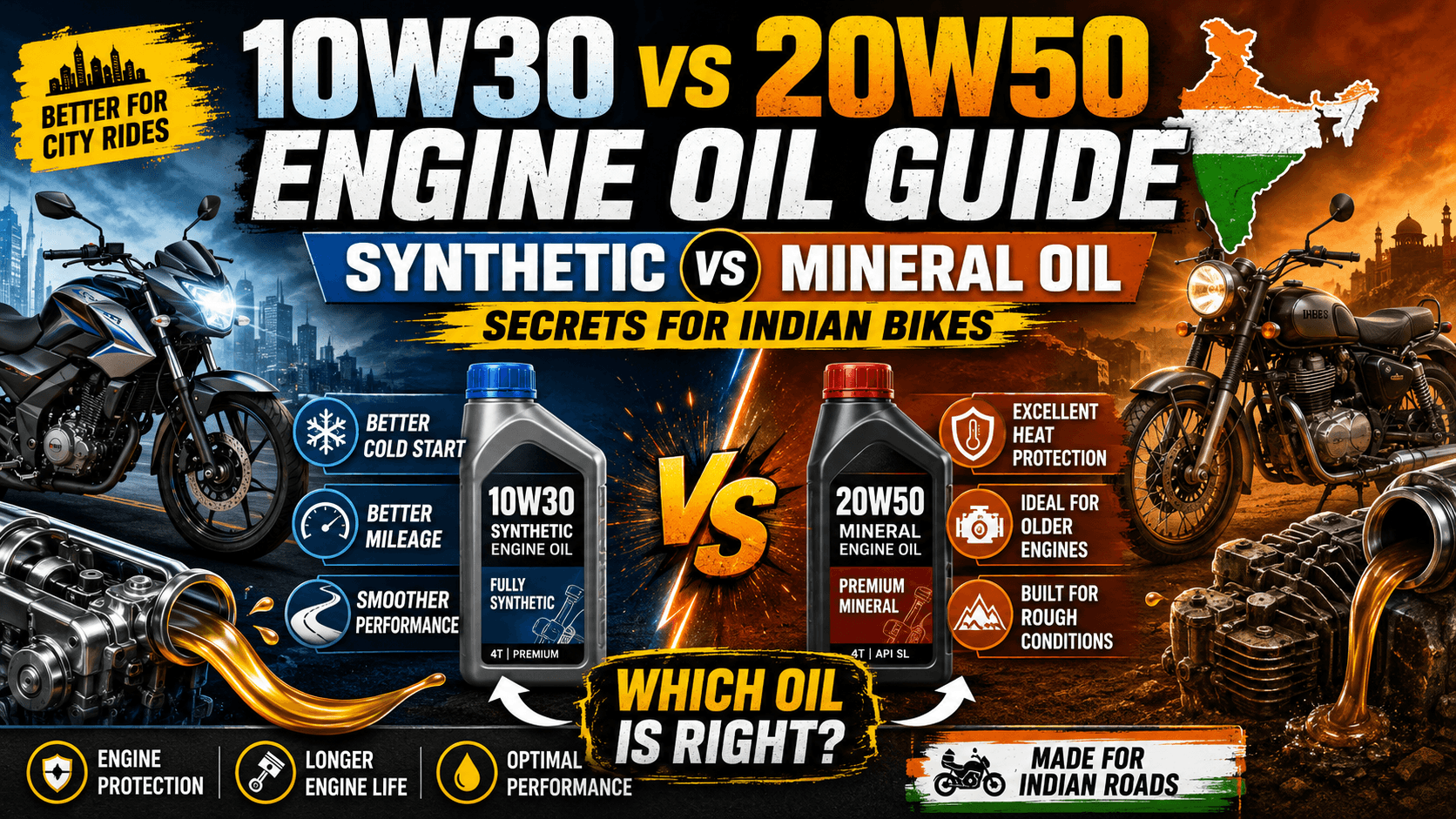 10W30 vs 20W50 Engine Oil Guide: Synthetic vs Mineral Oil Secrets for Indian Bikes
