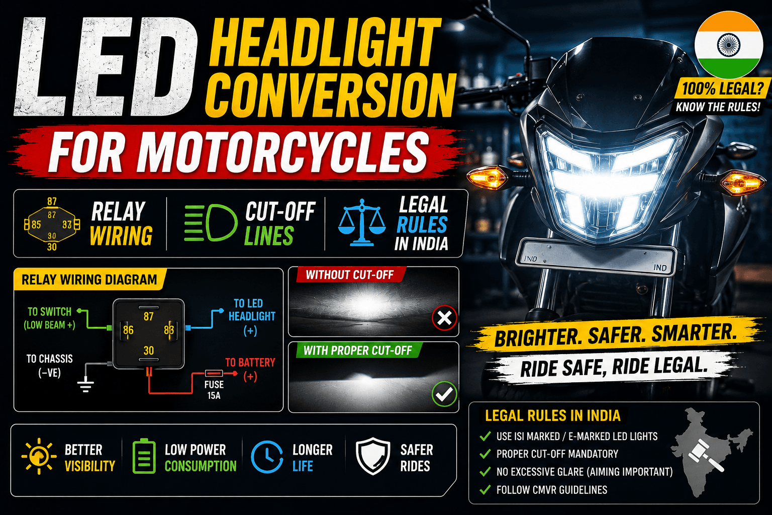 LED Headlight Conversion for Motorcycles: Relay Wiring, Cut-off Lines & Legal Rules in India